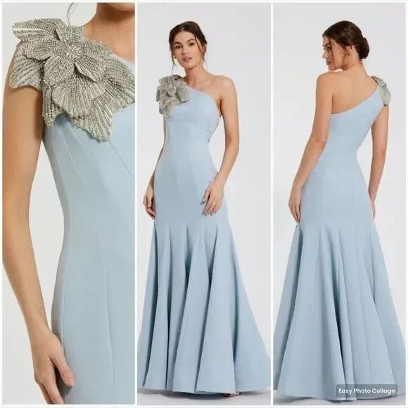 Mac Duggal 11810 Crepe One Shoulder‎ Gown With Crystal Flower Powder Blue Sz 6 - Picture 1 of 10